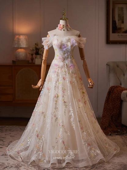 Prom Dresses 2025 to impress Ivory 3D Floral Formal Dress with Off-Shoulder Tulle & Floral Embroidery - 26130-vigocouture-vigocouture