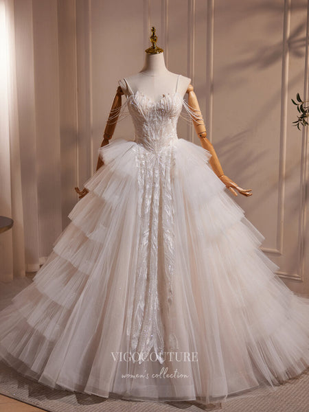 Ivory Beaded Lace Applique Tiered Prom Dresses Spaghetti Strap Pearl String  24389