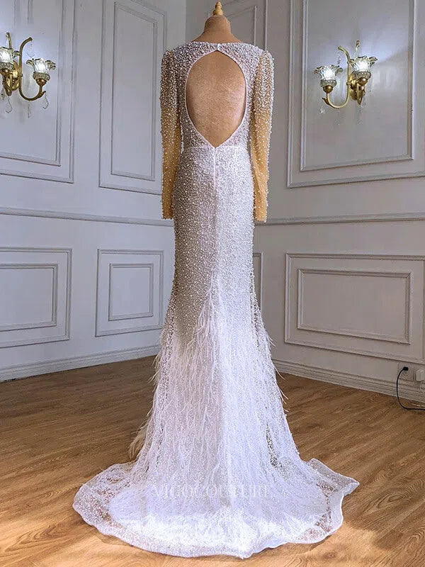 Ivory Beaded Mermaid Prom Dresses Long Sleeve Formal Dresses 21233 vigocouture Ivory Beaded Mermaid Prom Dresses Long Sleeve Formal Dresses 21233 vigocouture
