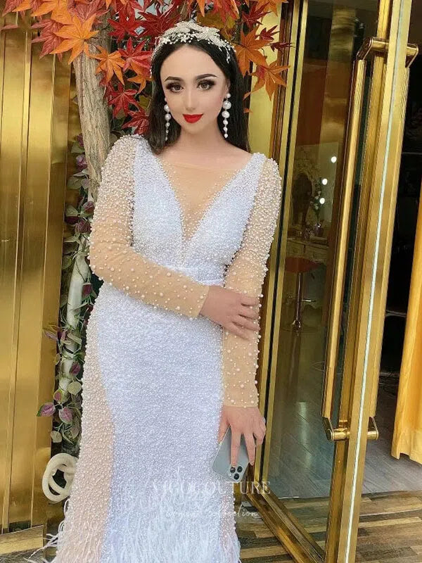 Ivory Beaded Mermaid Prom Dresses Long Sleeve Formal Dresses 21233 - Ivory / US10 Ivory Beaded Mermaid Prom Dresses Long Sleeve Formal Dresses 21233 - Ivory / US10