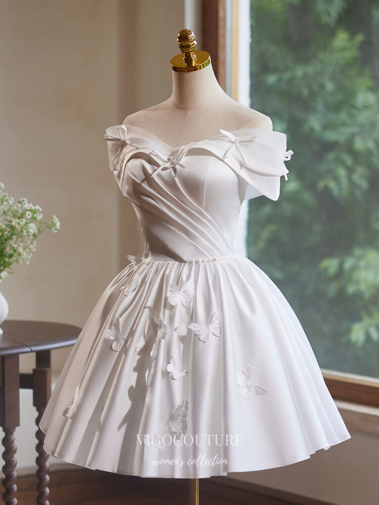 white graduation dresses 2025 Ivory Butterfly Satin Homecoming Dress Off the Shoulder Graduation Dress hc324 Ivory / US4
