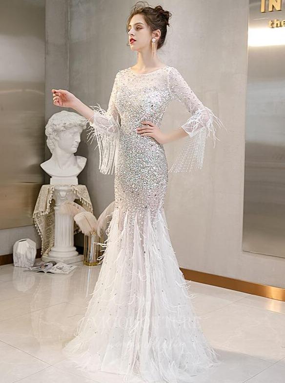 Prom Dress 2025 Ivory Feather Beaded Mermaid Prom Dress 20258-unique elegant Prom Dresses-Ivory-US2-vigocouture