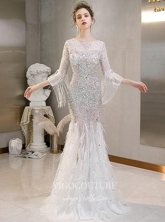 Prom Dress 2025 Ivory Feather Beaded Mermaid Prom Dress 20258-unique elegant Prom Dresses-Ivory-US2-vigocouture