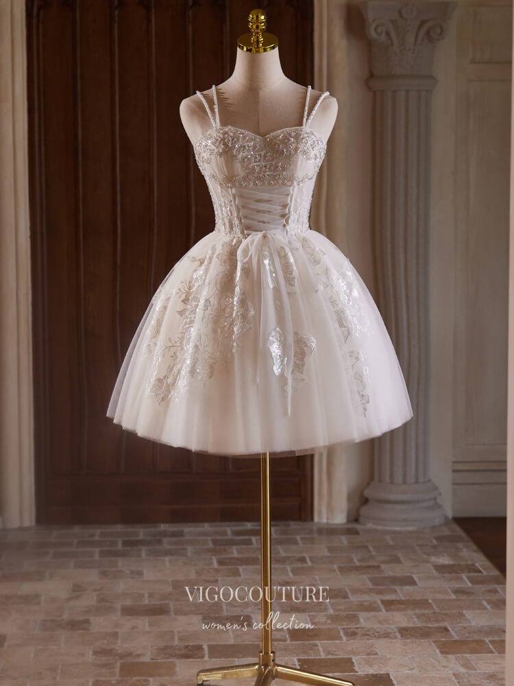 white beaded graduation dress Cicinia White Graduation Dresses Short Satin A-line Beaded Mini Dress