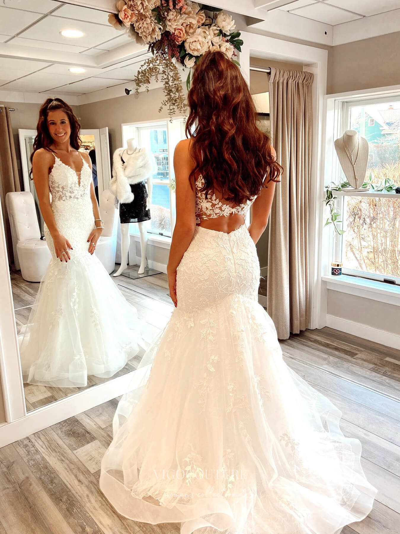 Ivory Lace Applique Mermaid Prom Dresses Spaghetti Strap Sheer Boned Bodice 24121 Ivory / US6 Ivory Lace Applique Mermaid Prom Dresses Spaghetti Strap Sheer Boned Bodice 24121 Ivory / US6