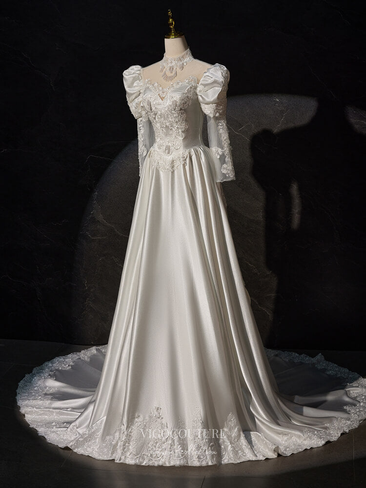 Ivory Lace Applique Prom Dresses Long Sleeve High Neck Wedding Dress 2 vigocouture Ivory Lace Applique Prom Dresses Long Sleeve High Neck Wedding Dress 2 vigocouture
