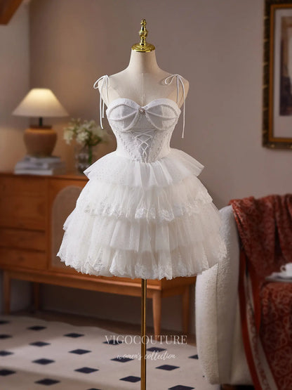 Prom Dresses 2025 to impress Ivory Lace Homecoming Dress with Pearl-Embellished Corset & Tiered Tulle Skirt – HC485-vigocouture-vigocouture