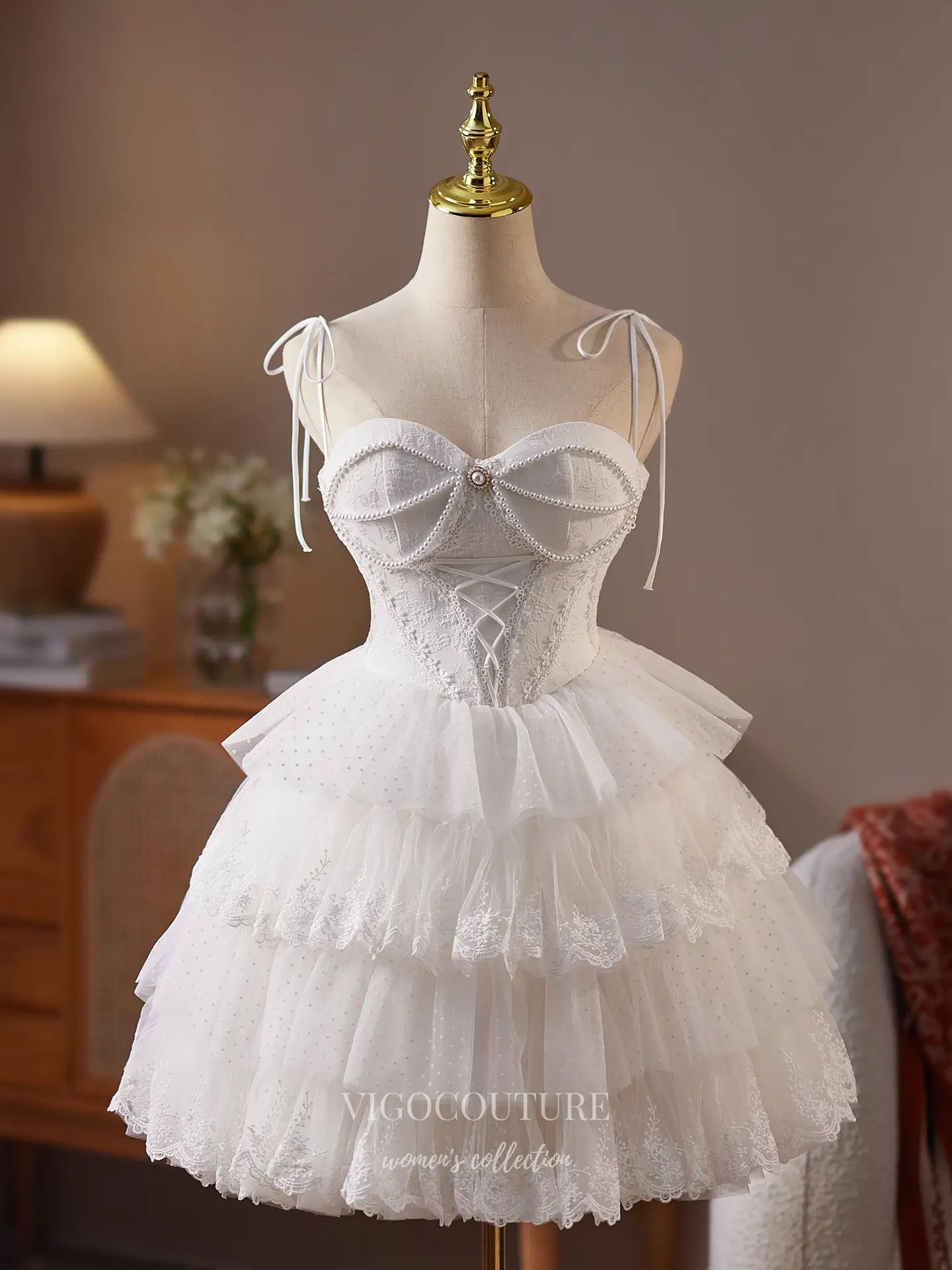 Ivory Lace Homecoming Dress with Pearl-Embellished Corset & Tiered Tulle Skirt – HC485