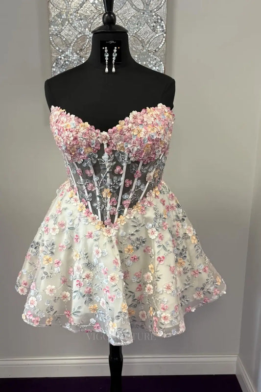 Prom Dresses 2025 to impress Ivory Multicolor Floral Homecoming Dress with 3D Appliqués and Sheer Corset Bodice - H26018-vigocouture-vigocouture