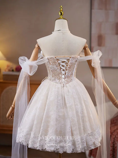 Prom Dresses 2025 to impress Ivory Off-Shoulder Lace Homecoming Dress with Rose Appliqué and Corset Back – hc479-vigocouture-vigocouture