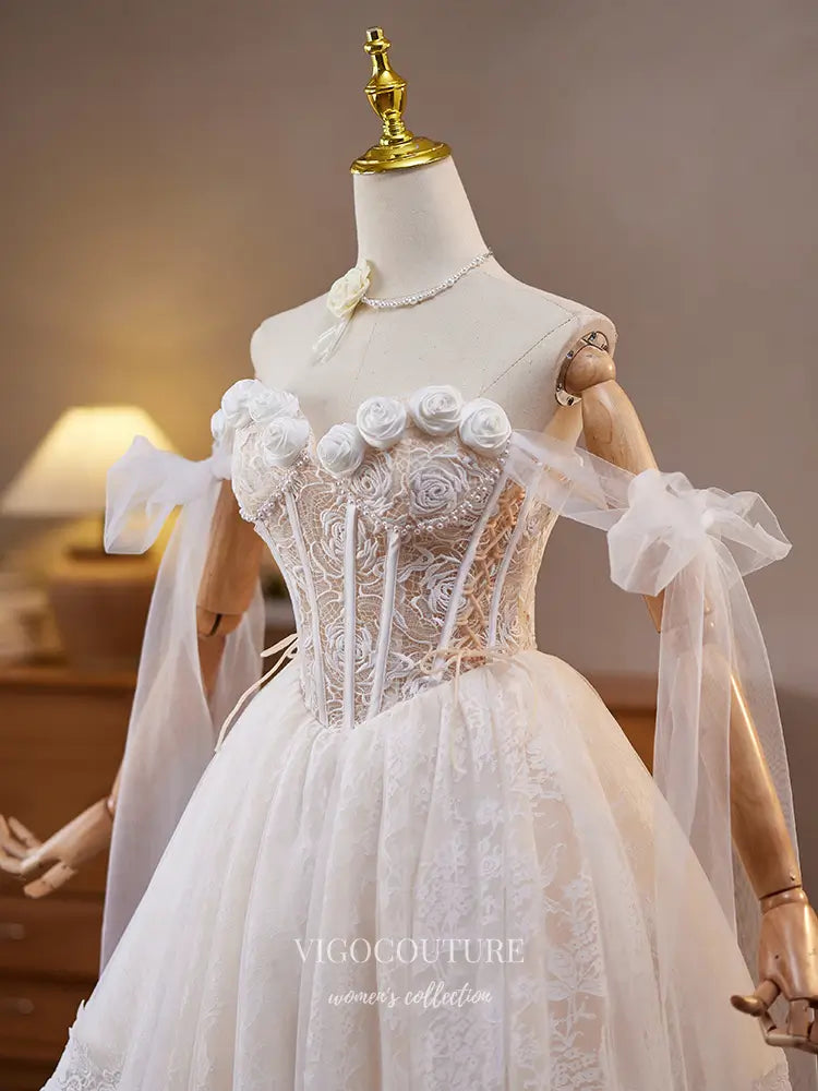 Prom Dresses 2025 to impress Ivory Off-Shoulder Lace Homecoming Dress with Rose Appliqué and Corset Back – hc479-vigocouture-vigocouture