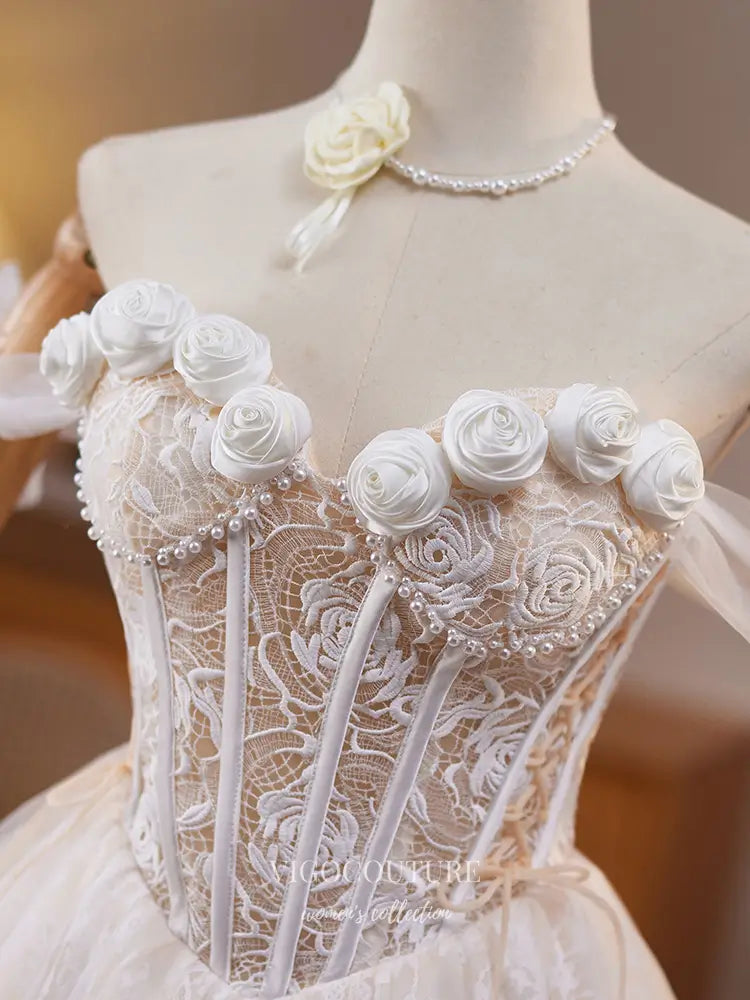 Prom Dresses 2025 to impress Ivory Off-Shoulder Lace Homecoming Dress with Rose Appliqué and Corset Back – hc479-vigocouture-vigocouture