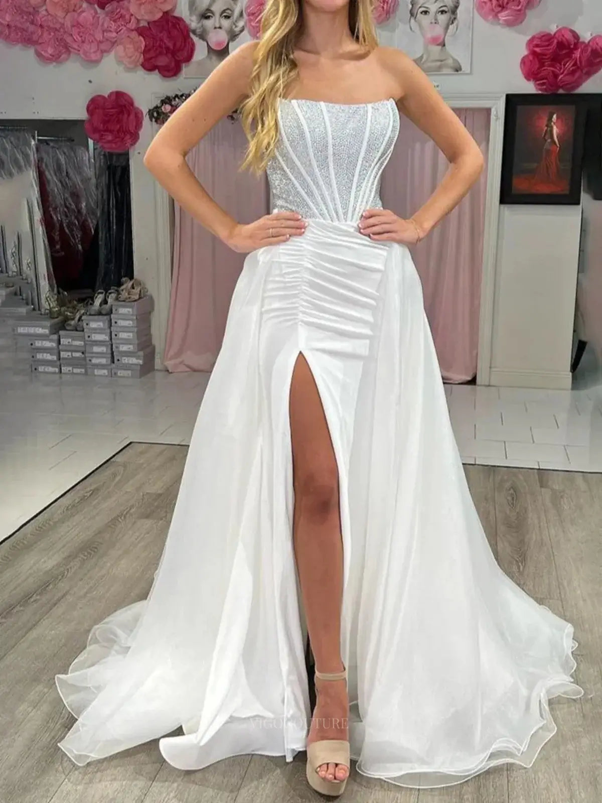 Prom Dresses 2025 to impress Ivory Organza Prom Dresses 2025 Sparkly Strapless Formal Dresses with Slit – 25142-vigocouture-Ivory-Custom Size-vigocouture