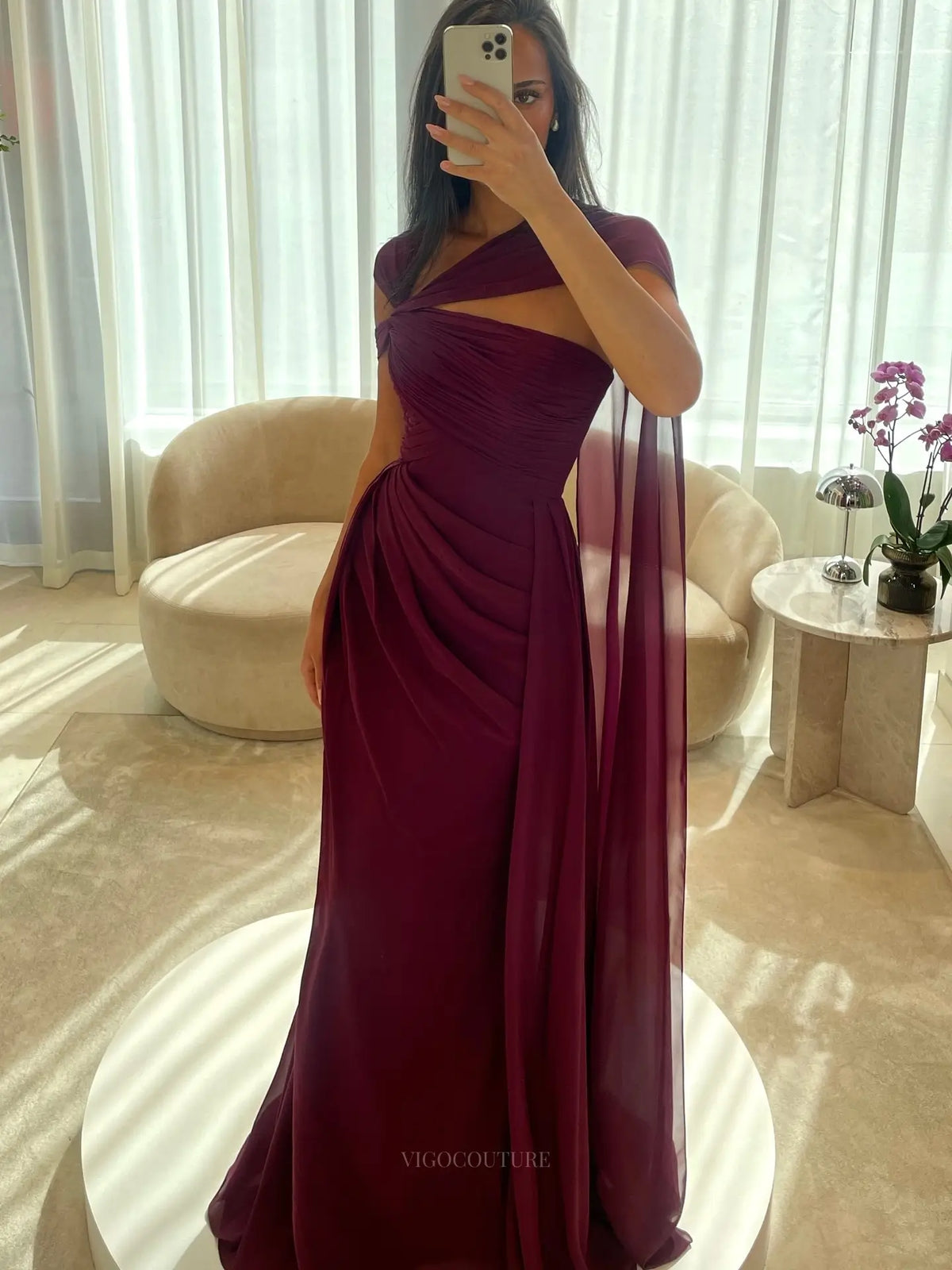Prom Dresses 2025 to impress Ivory Ruched Column Prom Dress with Asymmetric Straps, Draped Cape and High Slit - P26040-vigocouture-vigocouture