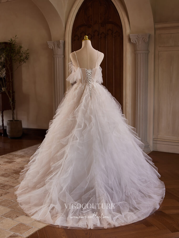 Ivory Ruffled Lace Applique Prom Dresses Spaghetti Strap Formal Gown 2 – vigocouture