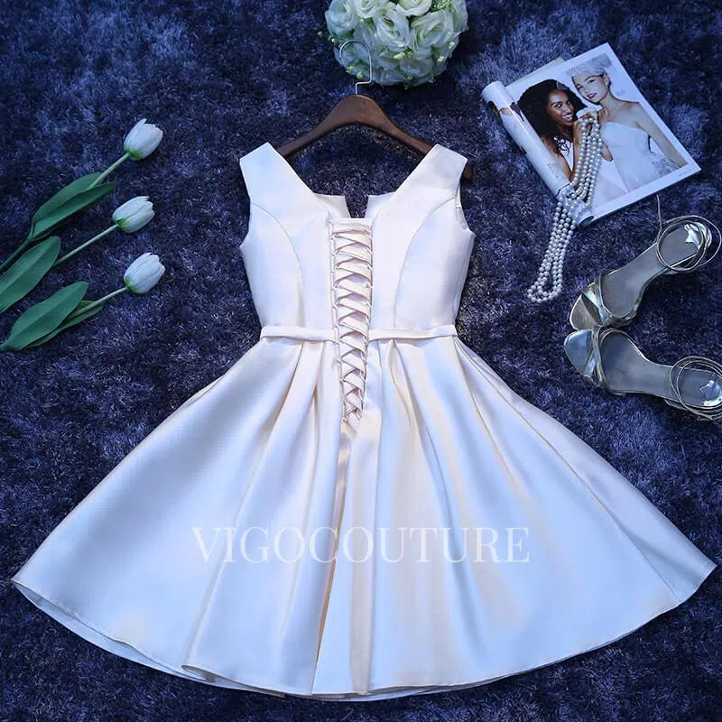 Ivory Satin Homecoming Dress with Pockets 20267 vigocouture Ivory Satin Homecoming Dress with Pockets 20267 vigocouture