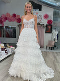 Ivory Sequin Lace Tiered Prom Dresses Spaghetti Strap Sheer Boned Bodice 24301