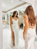 Prom Dress 2025 Ivory Sequin Mermaid Cowl Neck Prom Dresses with Slit Spaghetti Strap Corset Back 24101-unique elegant Prom Dresses-Ivory-Custom Size-vigocouture