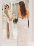 Prom Dress 2025 Ivory Sequin Mermaid Cowl Neck Prom Dresses with Slit Spaghetti Strap Corset Back 24101-unique elegant Prom Dresses-Ivory-Custom Size-vigocouture