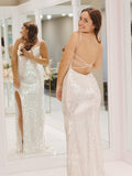 Prom Dress 2025 Ivory Sequin Mermaid Cowl Neck Prom Dresses with Slit Spaghetti Strap Corset Back 24101-unique elegant Prom Dresses-Ivory-Custom Size-vigocouture