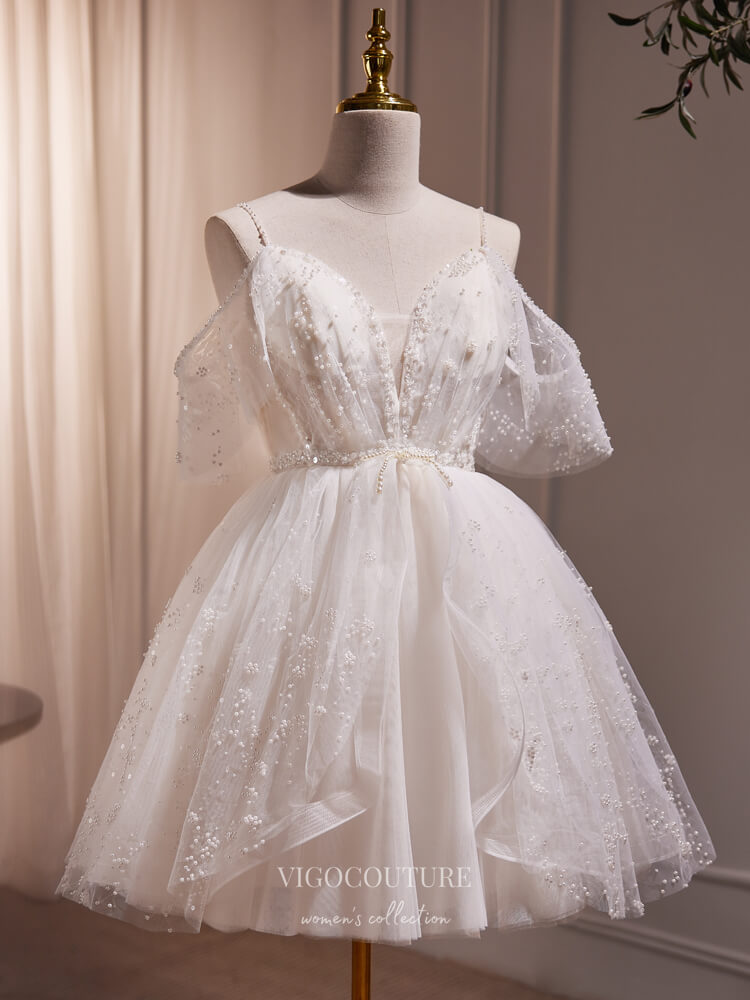 Ivory Spaghetti Strap Hoco Dresses with Pearl Sweetheart Neck Graduati vigocouture Ivory Spaghetti Strap Hoco Dresses with Pearl Sweetheart Neck Graduati vigocouture