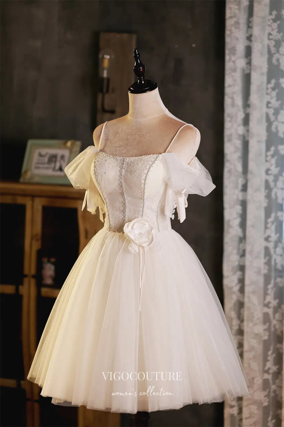 ivory graduation dress KissProm Off-the-Shoulder Mini With Bow, Ivory / 2 Featuring eyelet embroidery Ivory Spaghetti Strap Homecoming Dresses