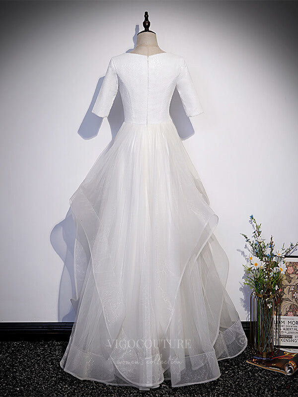 Ivory Tiered Half Sleeve Prom Dress 20879 - Ivory / US14 Ivory Tiered Half Sleeve Prom Dress 20879 - Ivory / US14