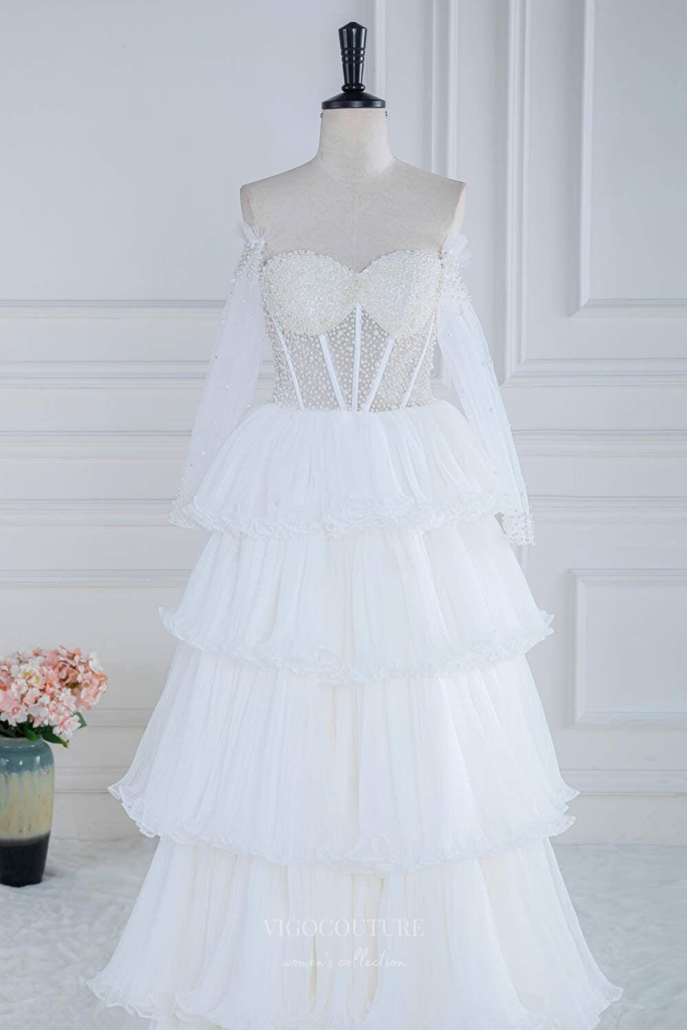 Ivory Tiered Pearl Prom Dresses 2024 Removable Long Sleeve Sheer Bodic – vigocouture