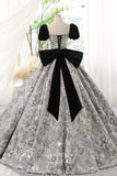 Prom Dress 2025 Jacquard Satin and Velvet Prom Dress with Puffed Sleeves and Bow-Tie 22285-unique elegant Prom Dresses-Grey-Custom Size-vigocouture