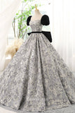 Prom Dress 2025 Jacquard Satin and Velvet Prom Dress with Puffed Sleeves and Bow-Tie 22285-unique elegant Prom Dresses-Grey-Custom Size-vigocouture