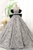 Prom Dress 2025 Jacquard Satin and Velvet Prom Dress with Puffed Sleeves and Bow-Tie 22285-unique elegant Prom Dresses-Grey-Custom Size-vigocouture