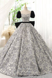 Jacquard Satin and Velvet Prom Dress with Puffed Sleeves and Bow-Tie 22285