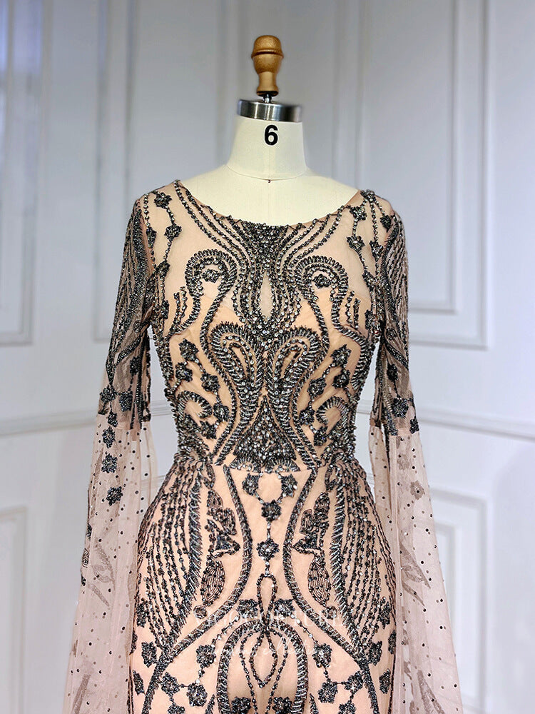 Prom Dress 2025 Khaki Beaded Lace Prom Dresses Extra Long Sleeve Sheath Evening Dress 22094-unique elegant Prom Dresses-Khaki-US2-vigocouture