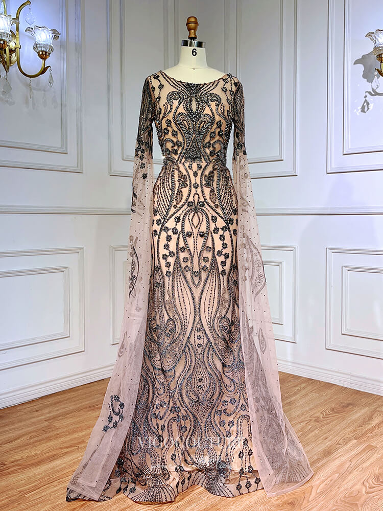 Prom Dress 2025 Khaki Beaded Lace Prom Dresses Extra Long Sleeve Sheath Evening Dress 22094-unique elegant Prom Dresses-Khaki-US2-vigocouture