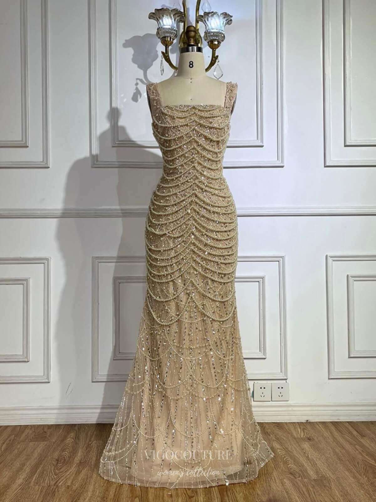 Prom Dress 2025 Khaki Beaded Mermaid Prom Dresses Pearl String Square Neck Pageant Dress 25011-unique elegant Prom Dresses-Khaki-US2-vigocouture