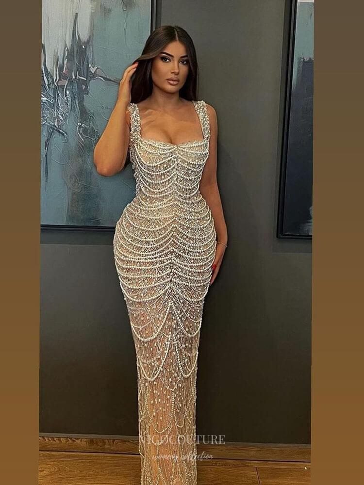 Khaki Beaded Mermaid Prom Dresses Pearl String Square Neck Pageant Dress 25011