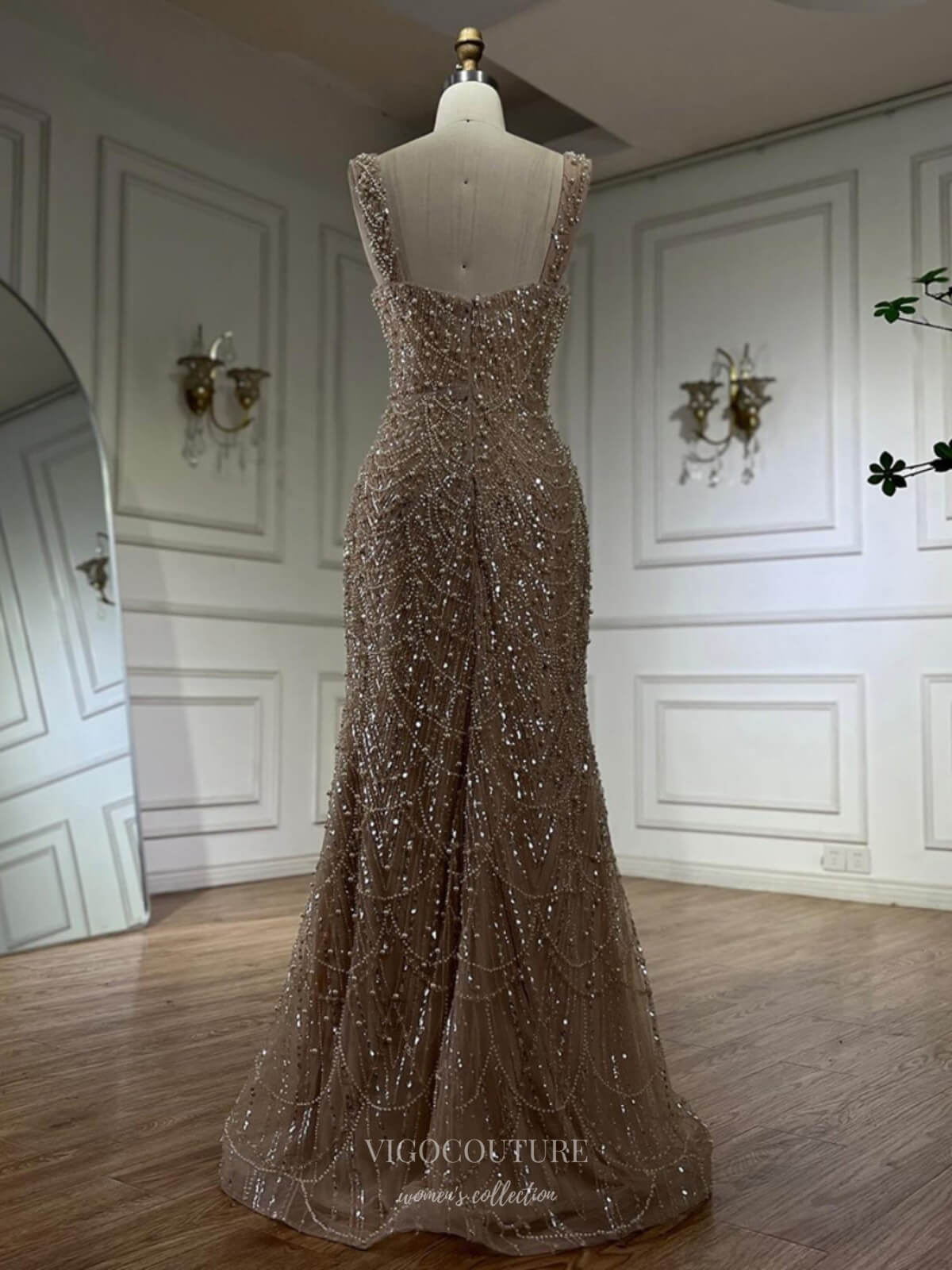 Khaki Beaded Mermaid Prom Dresses Pearl String Square Neck Pageant Dress 25011 Khaki / US8 Khaki Beaded Mermaid Prom Dresses Pearl String Square Neck Pageant Dress 25011 Khaki / US8