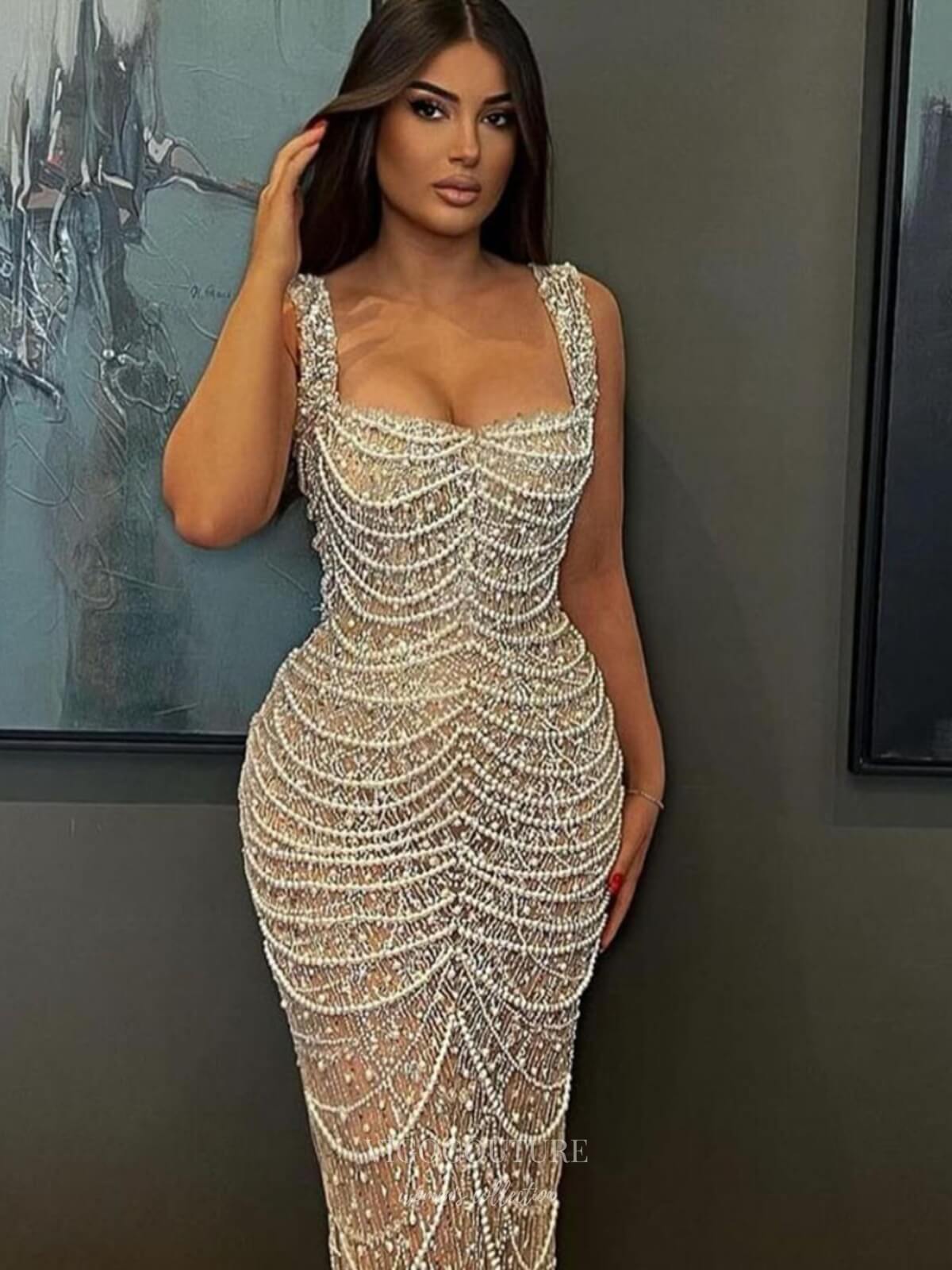 Khaki Beaded Mermaid Prom Dresses Pearl String Square Neck Pageant Dress 25011 Khaki / US8 Khaki Beaded Mermaid Prom Dresses Pearl String Square Neck Pageant Dress 25011 Khaki / US8