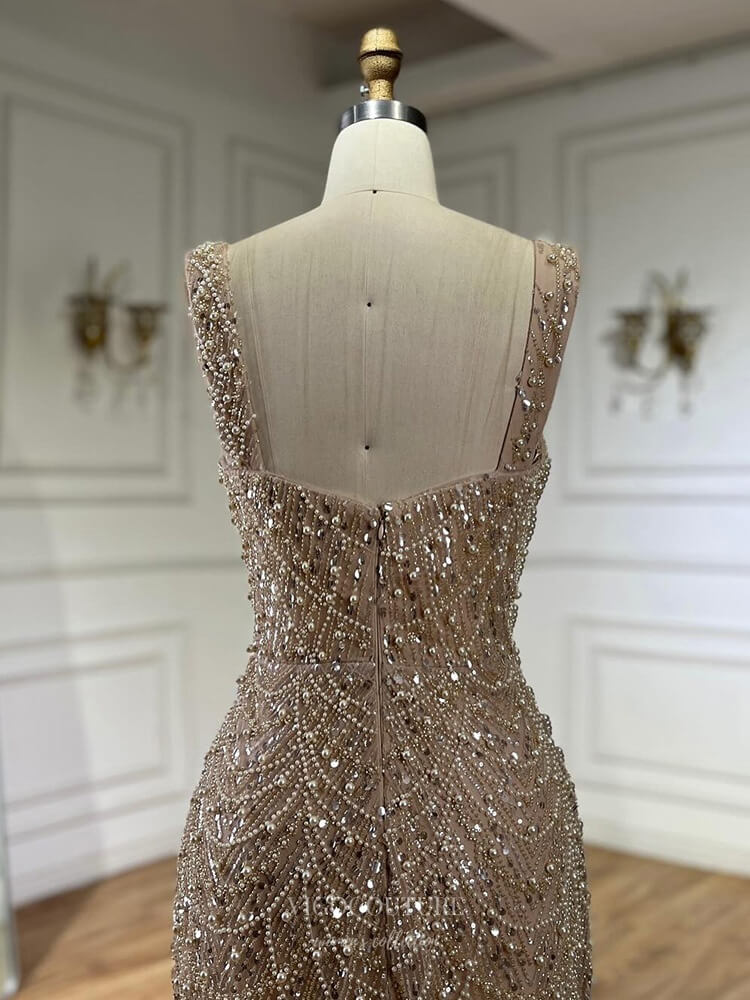 Khaki Beaded Mermaid Prom Dresses Pearl String Square Neck Pageant Dress 25011 Khaki / US8 Khaki Beaded Mermaid Prom Dresses Pearl String Square Neck Pageant Dress 25011 Khaki / US8