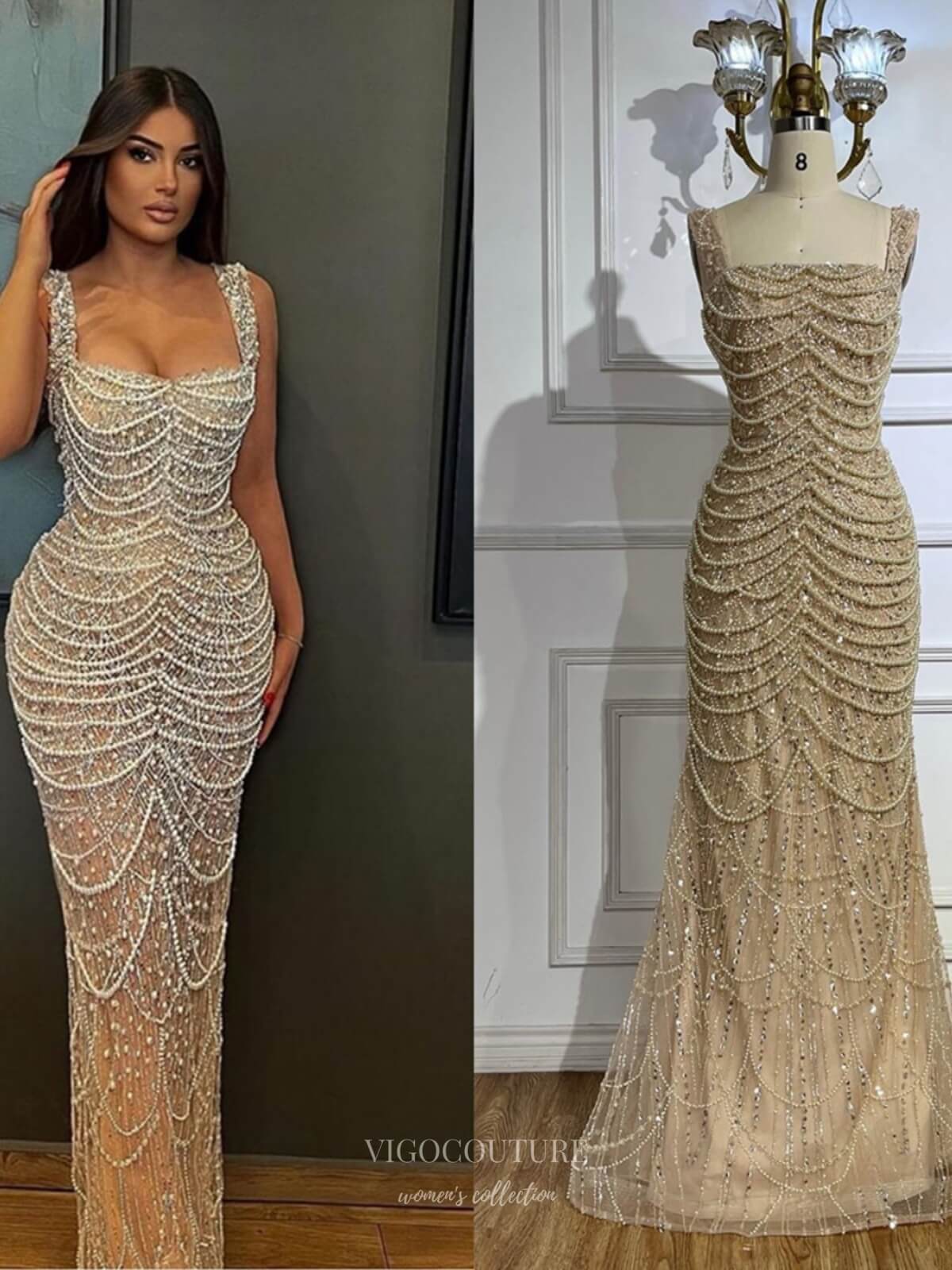 Prom Dress 2025 Khaki Beaded Mermaid Prom Dresses Pearl String Square Neck Pageant Dress 25011-unique elegant Prom Dresses-Khaki-US2-vigocouture