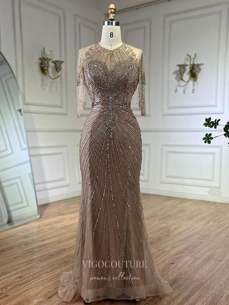 Prom Dress 2025 Khaki Beaded Mermaid Prom Dresses Short Sleeve Pageant Dress 24521-unique elegant Prom Dresses-Khaki-US2-vigocouture