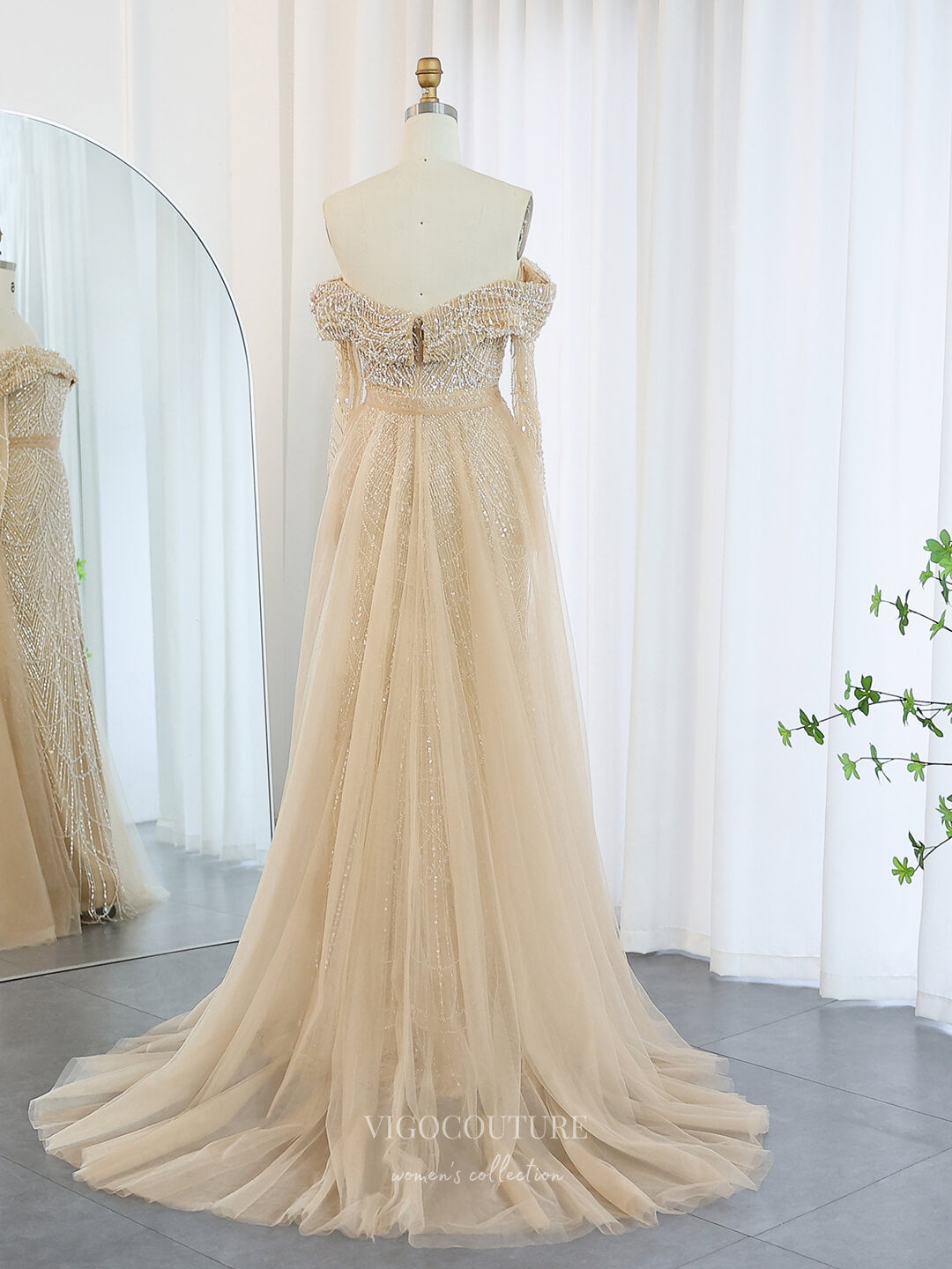 Prom Dress 2025 Khaki Beaded Sheath Prom Dresses with Overskirt Off the Shoulder Long Sleeve 24432-unique elegant Prom Dresses-Khaki-US2-vigocouture