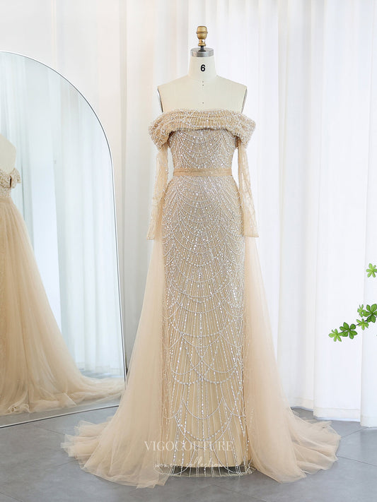 Prom Dress 2025 Khaki Beaded Sheath Prom Dresses with Overskirt Off the Shoulder Long Sleeve 24432-unique elegant Prom Dresses-Khaki-US2-vigocouture