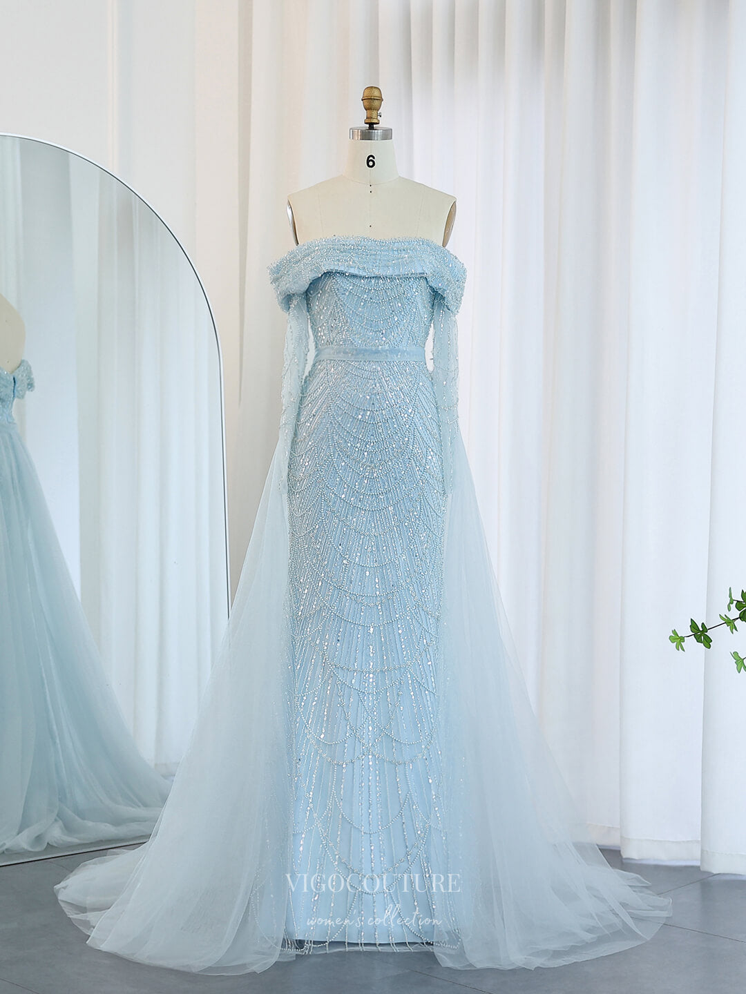 Prom Dress 2025 Khaki Beaded Sheath Prom Dresses with Overskirt Off the Shoulder Long Sleeve 24432-unique elegant Prom Dresses-Light Blue-US2-vigocouture