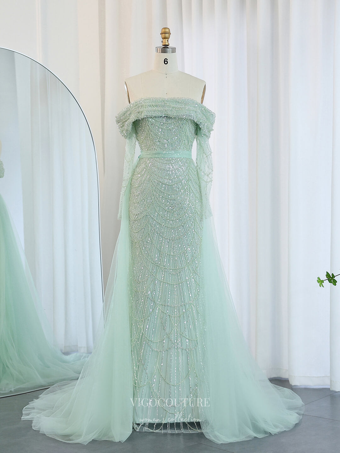 Prom Dress 2025 Khaki Beaded Sheath Prom Dresses with Overskirt Off the Shoulder Long Sleeve 24432-unique elegant Prom Dresses-Light Green-US2-vigocouture