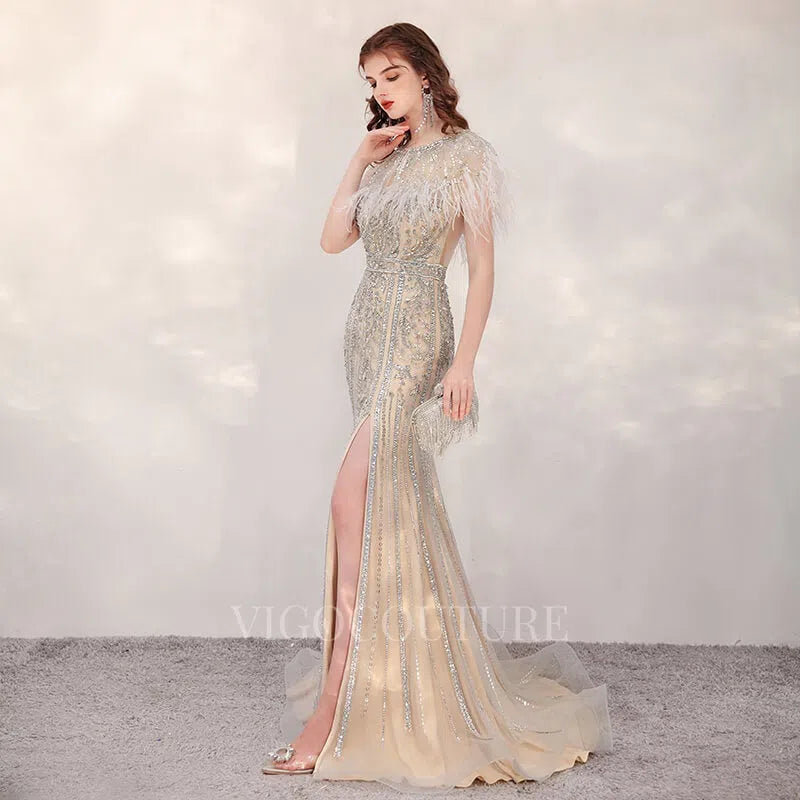 Prom Dress 2025 Khaki Feather Mermaid Beaded Prom Dresses 20155-unique elegant Prom Dresses-Khaki-US2-vigocouture