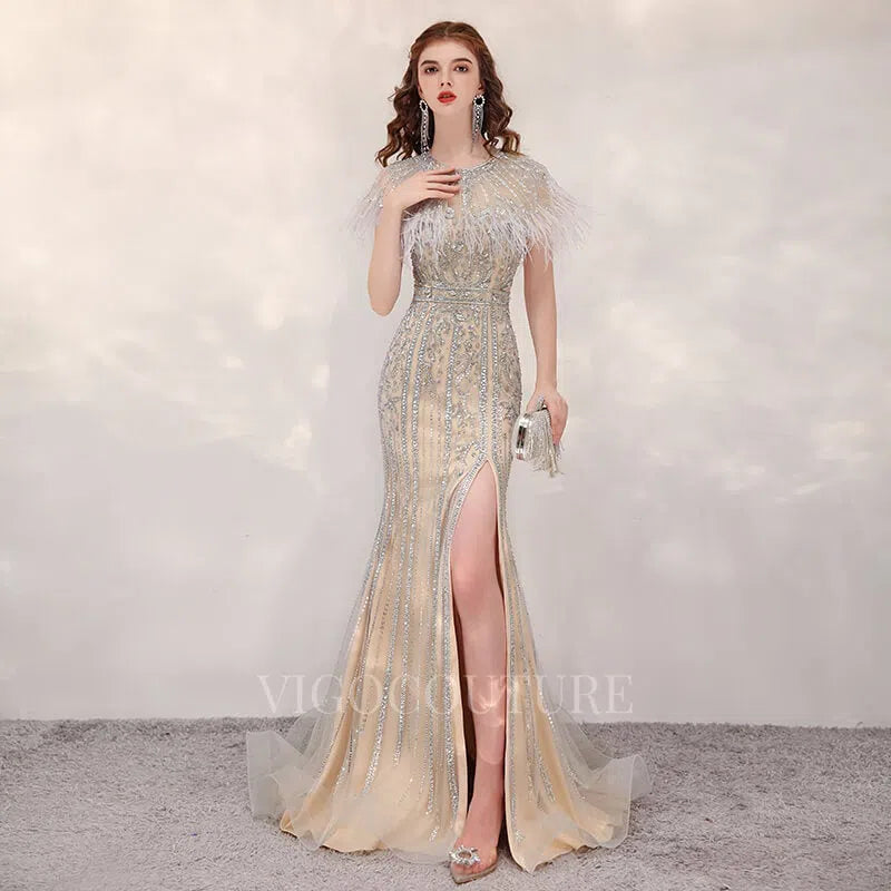 Prom Dress 2025 Khaki Feather Mermaid Beaded Prom Dresses 20155-unique elegant Prom Dresses-Khaki-US2-vigocouture