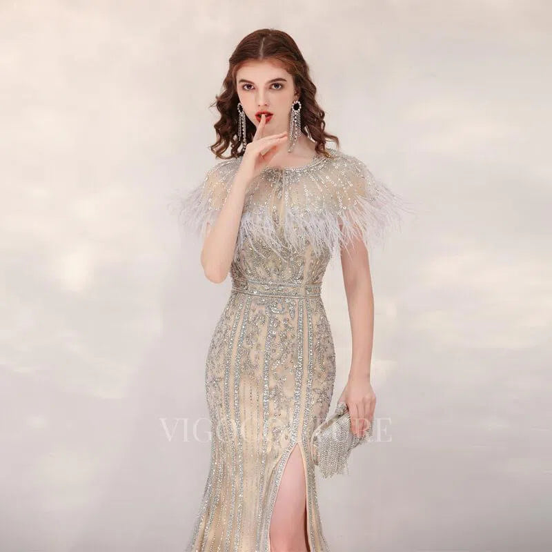 Prom Dress 2025 Khaki Feather Mermaid Beaded Prom Dresses 20155-unique elegant Prom Dresses-Khaki-US2-vigocouture