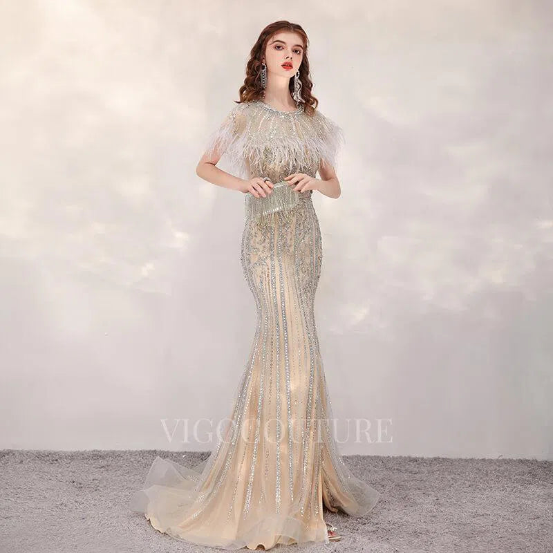 Khaki Feather Mermaid Beaded Prom Dresses 20155 Khaki / Custom Size Khaki Feather Mermaid Beaded Prom Dresses 20155 Khaki / Custom Size