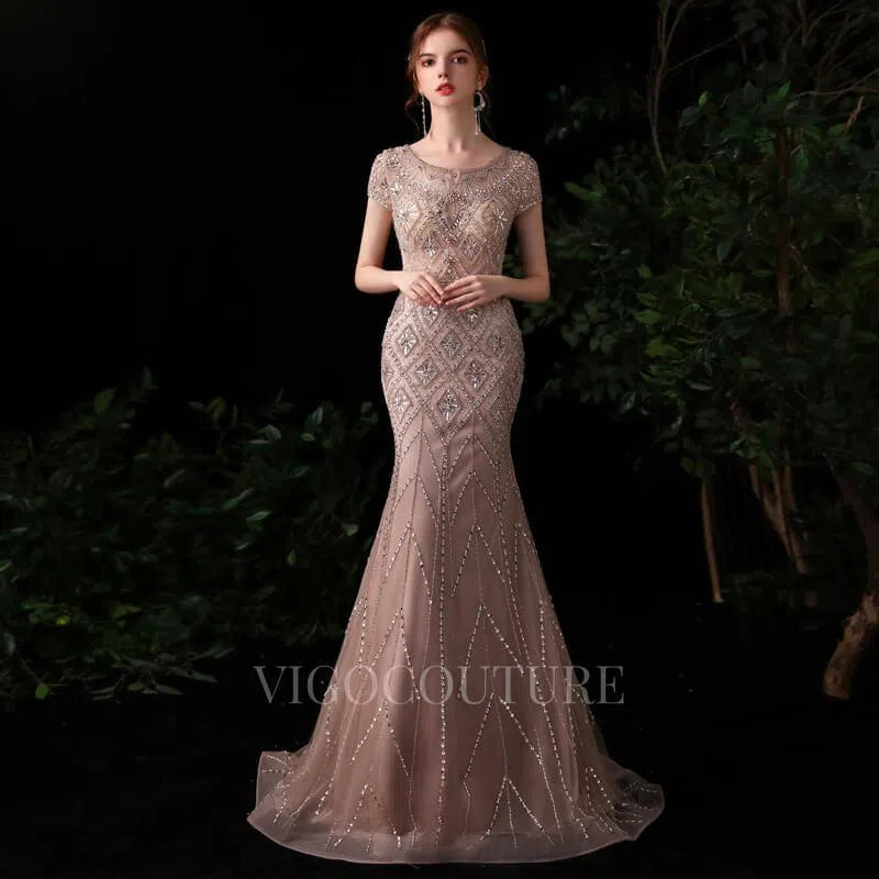 Prom Dress 2025 Khaki Mermaid Beaded Short Sleeve Prom Dresses 20151-unique elegant Prom Dresses-Khaki-US2-vigocouture